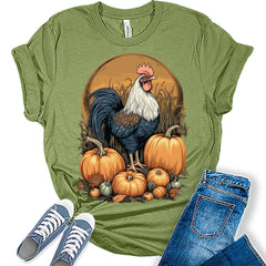 Womens Fall Tops Rooster Halloween Tshirt Cottagecore Pumpkin Graphic Tee Autumn Shirts