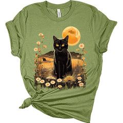 Womens Black Cat Floral Scene T Shirt