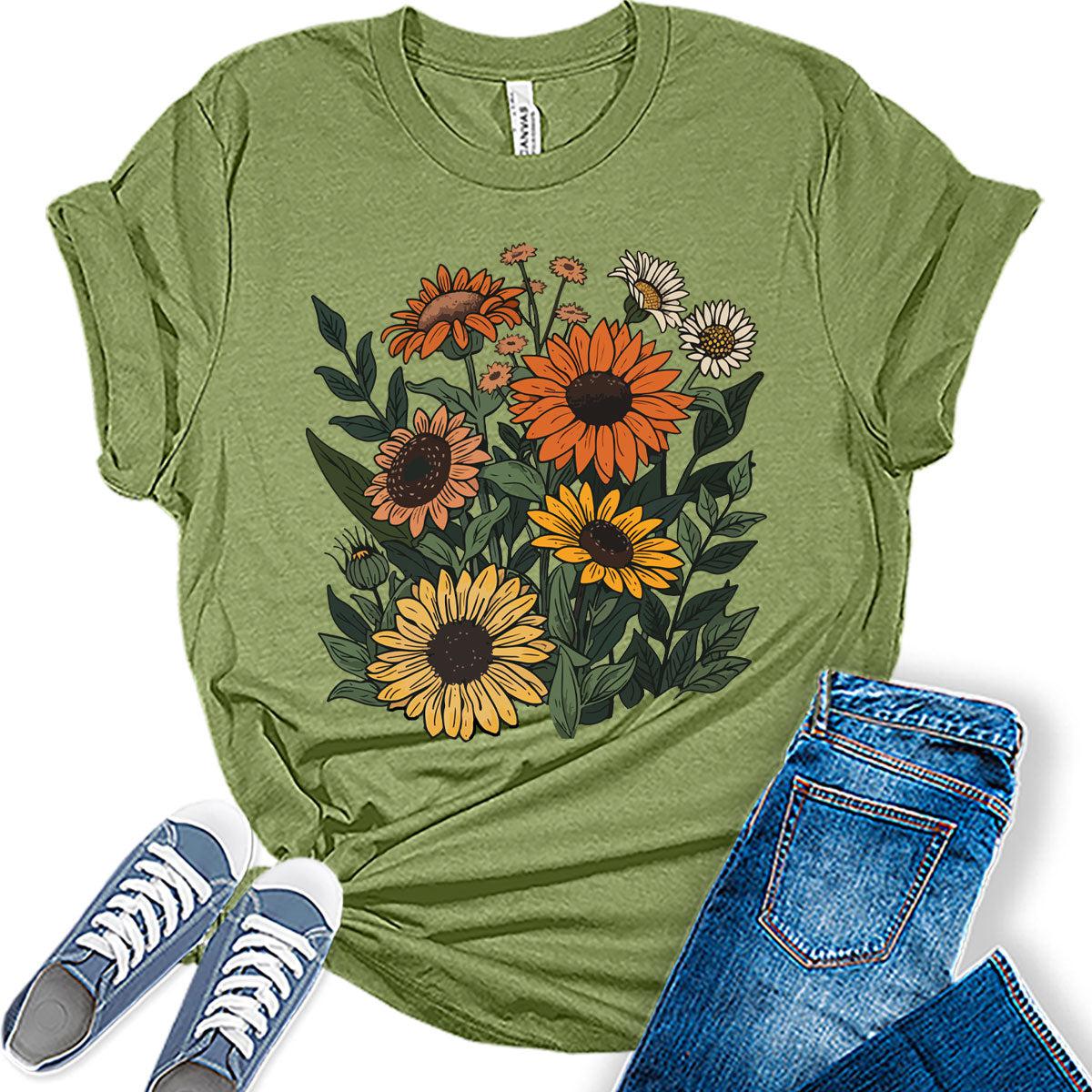 Sunflower Shirt Boho Trendy Vintage Tops Cottagecore Plus Size Graphic Tees for Women