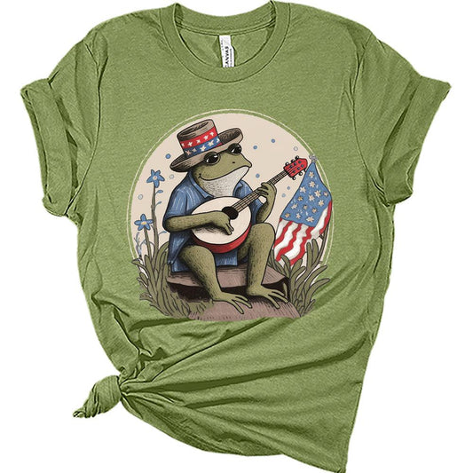 Womens 4th of July Frog Playing Music Patriotic Tshirts USA Short Sleeve Casual Graphic Tops