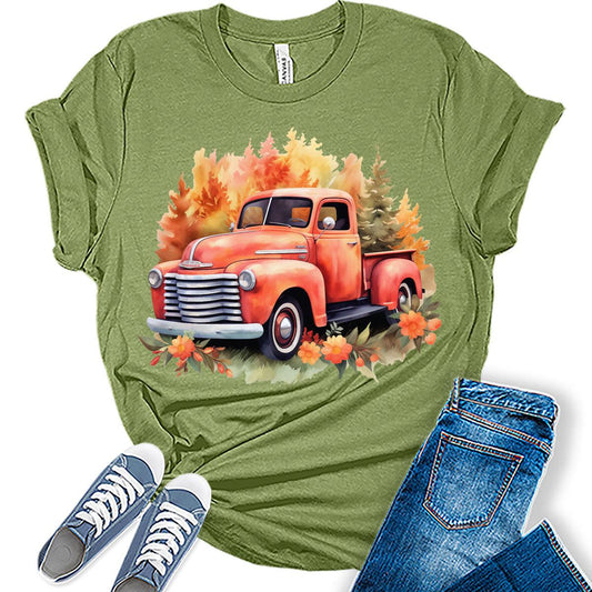 Womens Fall Tops Vintage Pickup Truck Tshirt Flowers Cottagecore Girls Graphic Tee Autumn Shirts