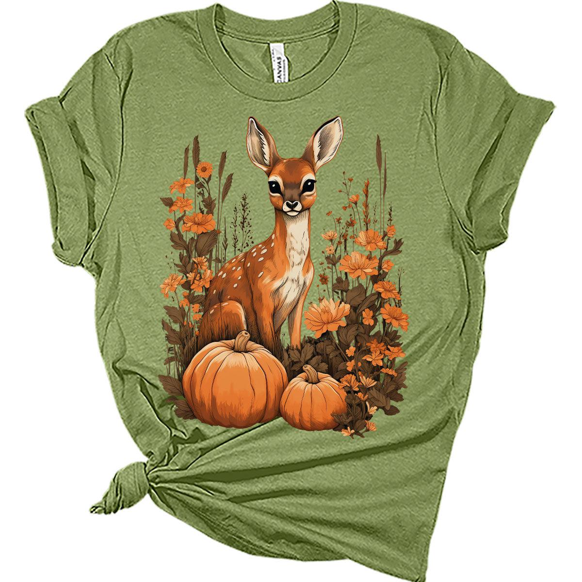 Womens Fall Deer Shirt Cottagecore Pumpkin Floral Cute Girls Graphic Tee Autumn Tops