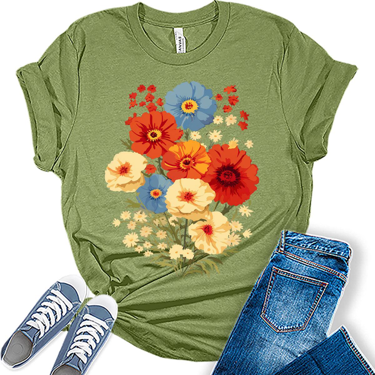 Boho Shirt Vintage Flower Graphic Tees for Women Wildflower Summer Plus Size Shirts