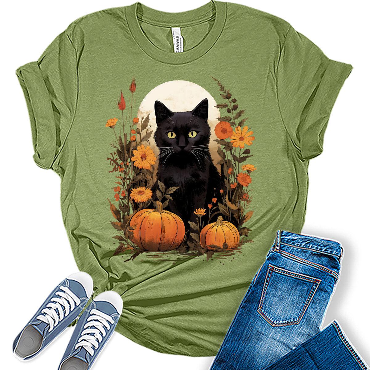 Womens Fall Floral Black Cat Pumpkin Graphic Tee