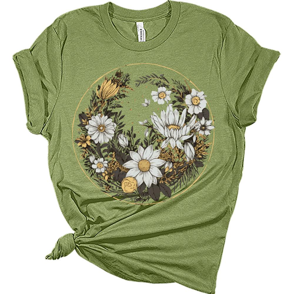 Womens Floral Shirts Wildflower Graphic Tees Spring Daisy Short Sleeve T Shirts Plus Size Summer Tops