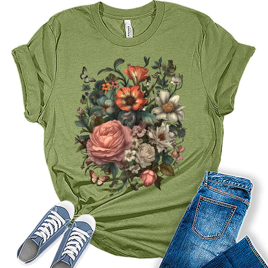 Women's Floral Print Butterfly Graphic T-Shirt