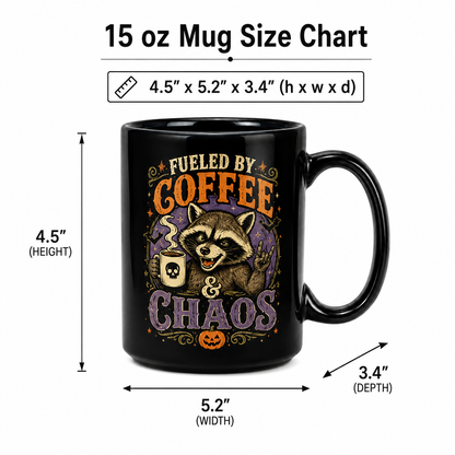 Fueled by Coffee & Chaos Raccoon Halloween Mug – Funny 15oz Black Coffee Mug