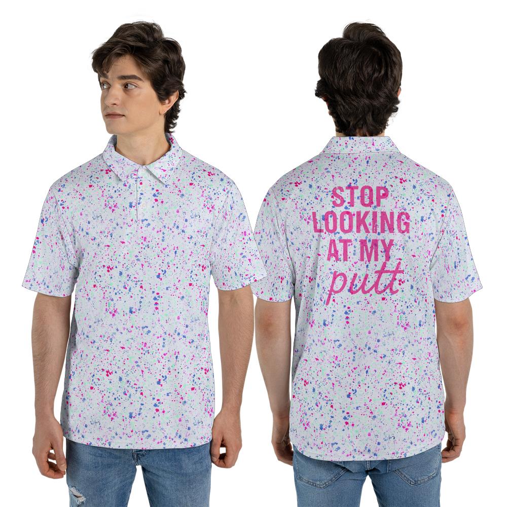 Polo Shirts for Men Funny Stop Looking At My Putt Moisture Wicking Short Sleeve Golf Top