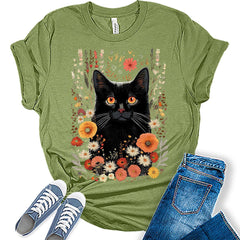 Womens Fall Cat Shirt Cottagecore Floral Cute Girls Graphic Tee Autumn Tops