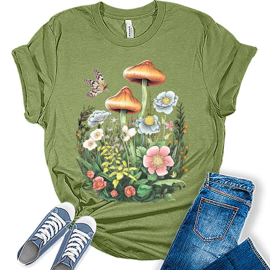 Graphic Tees for Women Summer Floral Mushroom Tshirts Vintage Tops Cute Butterfly Wildflower Girls Shirts
