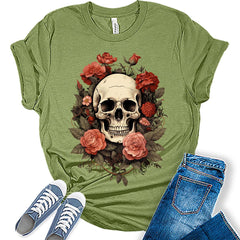 Womens Cottagecore Floral Skull Fall T-Shirt