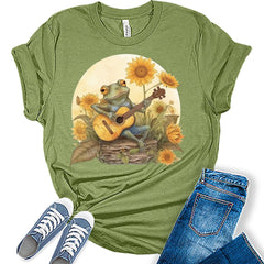 Womens Floral Sunflower Frog Music T Shirt