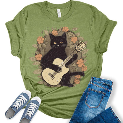 Womens Cat Playing Guitar Casual Ladies Cute Bella Graphic Tees Short Sleeve Floral Tshirts Summer Tops for Women