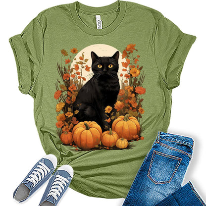 Pumpkin Cat Halloween Shirts for Women Fall Novelty Tshirt Graphic Casual Vintage Athletic Girls Tops