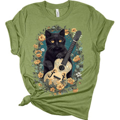 Cat Playing Guitar Shirt Womens Cottagecore Aesthetic Floral T-Shirt