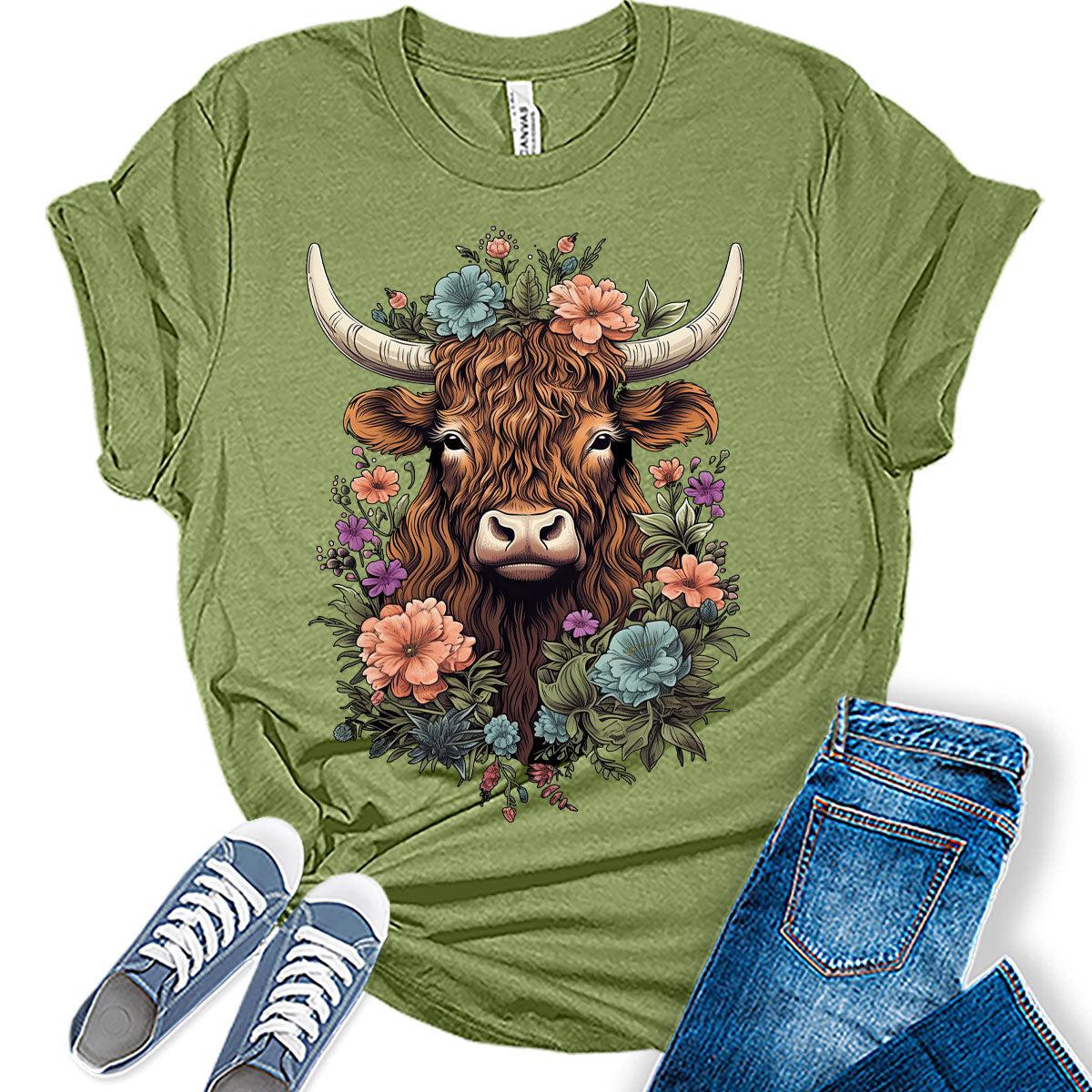 Womens Highland Cow Shirt Cute Cowgirl Tshirt Cattle Bella Graphic Tees Casual Short Sleeve Summer Tops