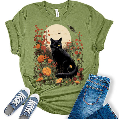 Cottagecore Shirt Vintage Cat Tshirts Floral Moon Fall Graphic Tees for Women