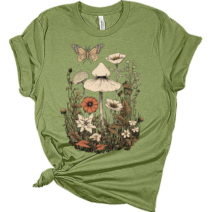 Graphic Tees for Women Floral Mushroom Butterfly Tshirts Vintage Tops Cute Floral Wildflower Girls Shirts