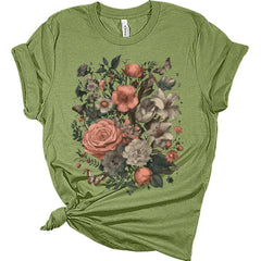 Womens Floral Shirts Trendy Wildflower Graphic Tees Butterfly Short Sleeve T Shirts Plus Size Summer Tops