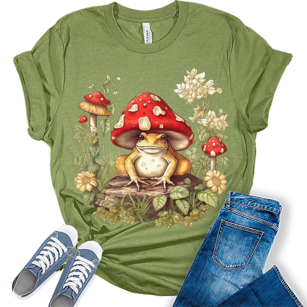 Women's Frog On Mushroom Floral Cottagecore Aesthetic T-Shirt