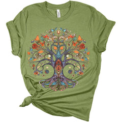 Women Vintage Boho Shirt Tree of Life Flower Tops Watercolor Graphic Tees Casual Short Sleeve Summer T Shirts