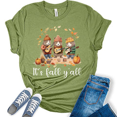 It's Fall Y'all T-Shirt Womens Graphic Tees Fall Halloween Shirts Girls Thanksgiving Tops
