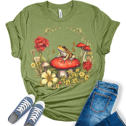 Womens Mushroom Shirts Casual Ladies Frog Graphic Tees Short Sleeve Cottagecore T Shirts Plus Size Summer Tops for Women Frog Mushroom