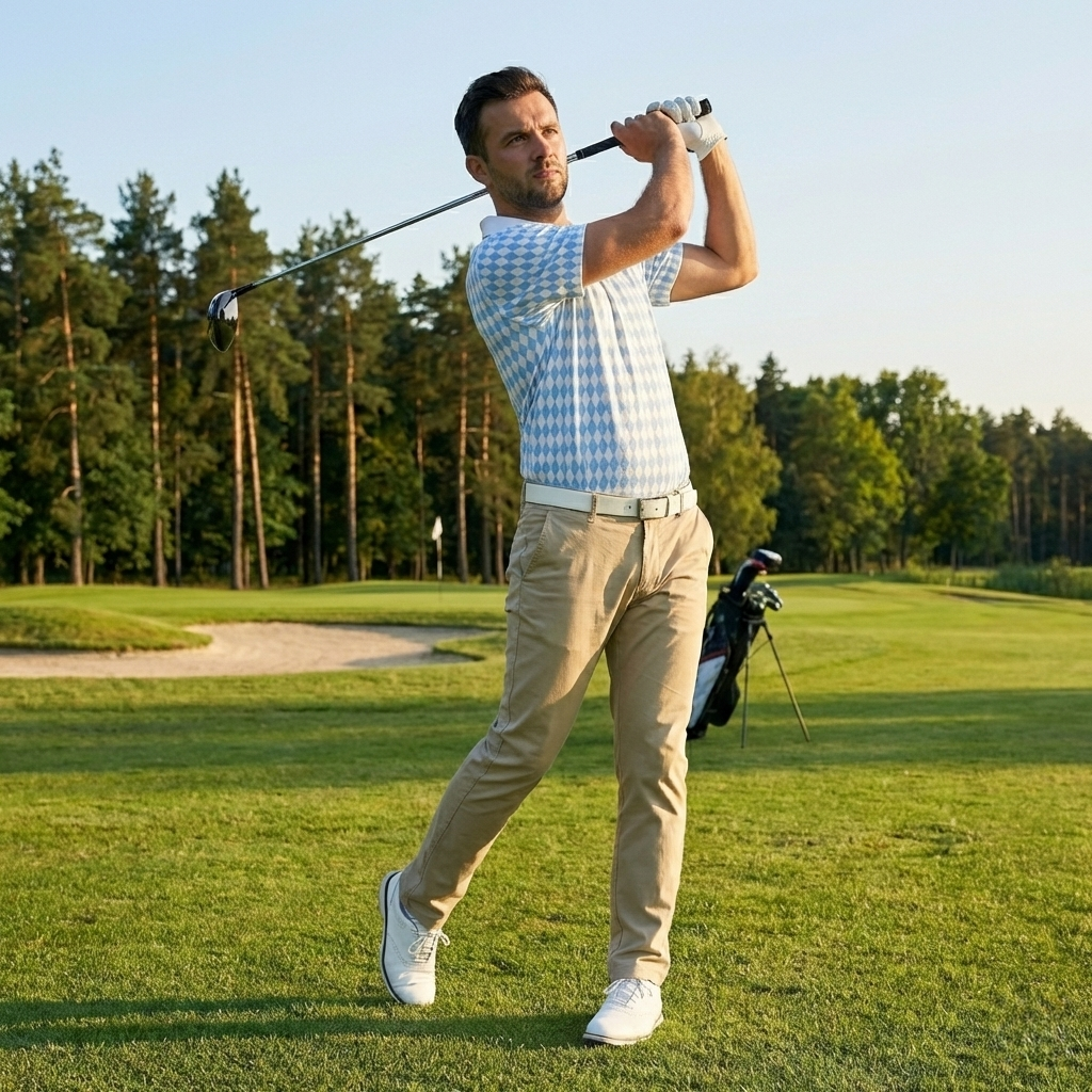 Bavarian Diamond Polo Shirt for Men Blue White Checkered Moisture Wicking Short Sleeve Golf Top