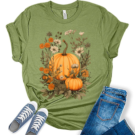 Womens Fall Pumpkin Vintage Flowers Tshirt Cottagecore Girls Graphic Tee Halloween Shirts Tops