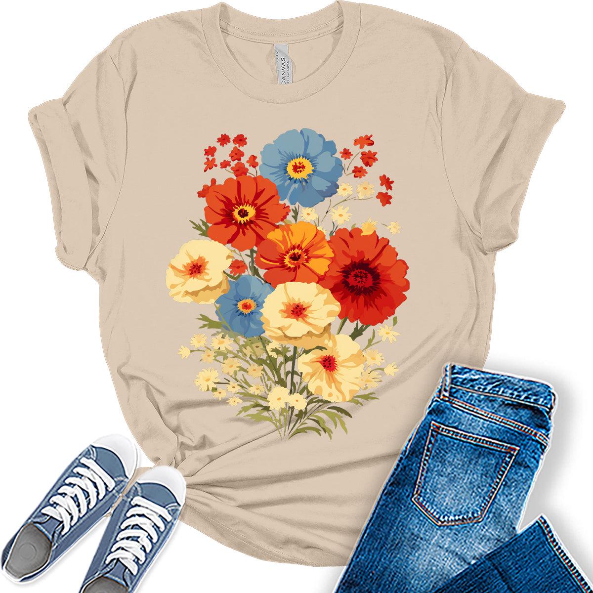 Boho Shirt Vintage Flower Graphic Tees for Women Wildflower Summer Plus Size Shirts