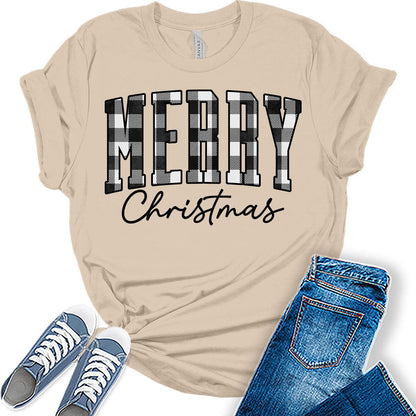 Merry Christmas Shirts for Women Letter Print Tshirts Buffalo Plaid Graphic Tees