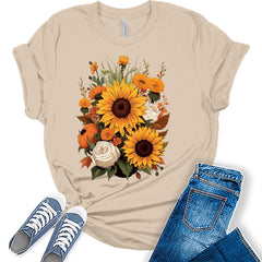 Womens Fall Vintage Tops Sunflower Tshirt Cottagecore Floral Graphic Tee Autumn Shirts