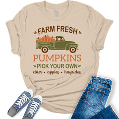 Womens Fall Tops Farm Fresh Pumpkins Vintage Tshirt Autumn Girls Graphic Tee Halloween Shirts