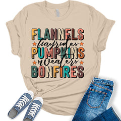 Womens Fall Tops Flannels Pumpkins And Bonfires Vintage Tshirt Girls Graphic Tee Autumn Shirts