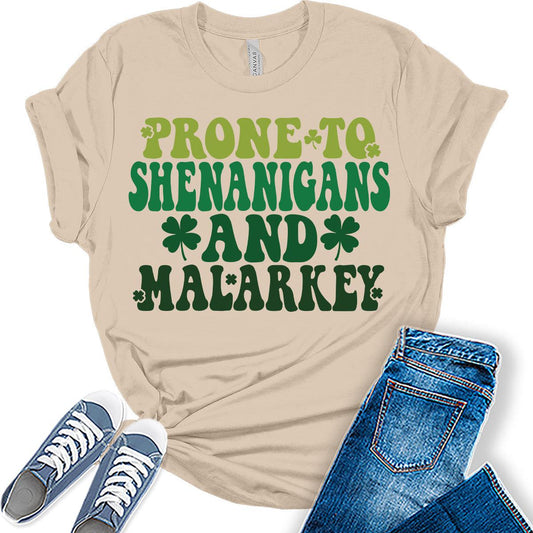 Prone to Shenanigans and Malarkey T Shirt St Patricks Day Shirt Womens Retro Graphic Tees