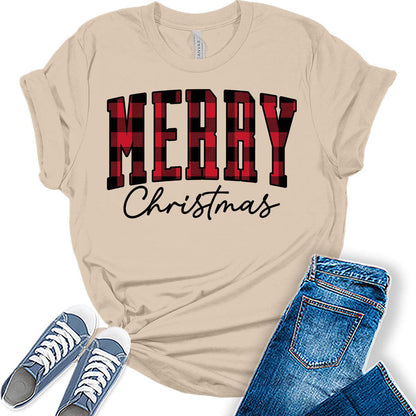 Merry Christmas Shirts for Women Letter Print Tshirts Buffalo Plaid Graphic Tees