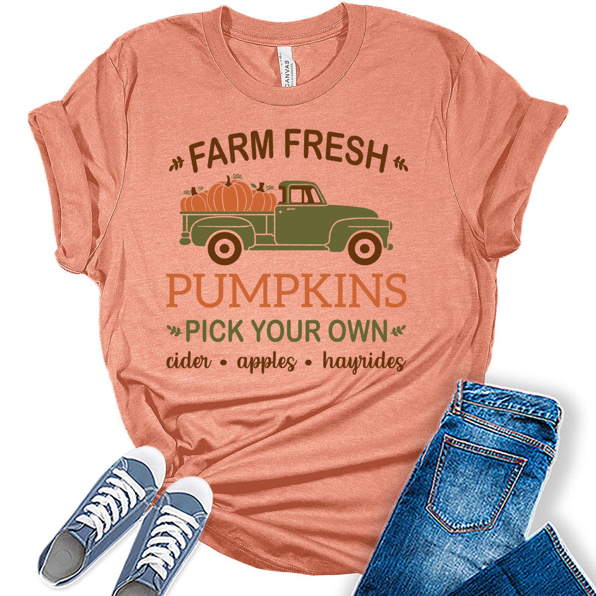 Womens Fall Tops Farm Fresh Pumpkins Vintage Tshirt Autumn Girls Graphic Tee Halloween Shirts
