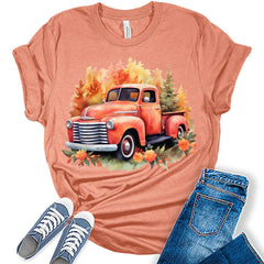 Womens Fall Tops Vintage Pickup Truck Tshirt Flowers Cottagecore Girls Graphic Tee Autumn Shirts