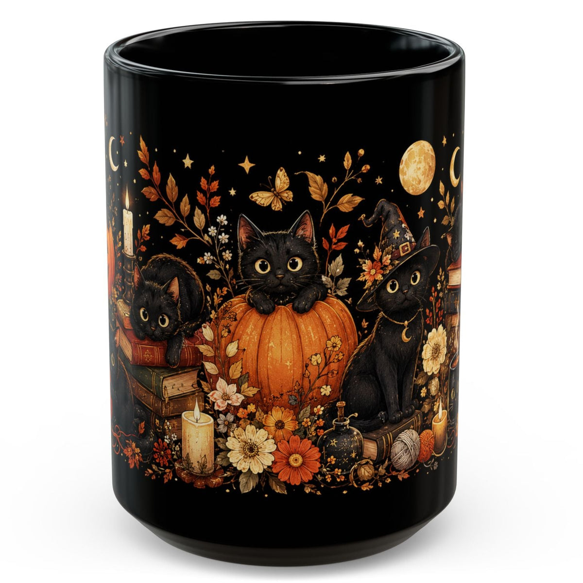 Black Cat Pumpkin Halloween Mug 15oz - Cute Witchy Fall Coffee Cup Gift