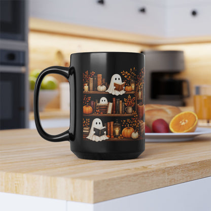 Ghost Reading Books Halloween Mug 15oz - Cozy Bookshelf Black Coffee Cup