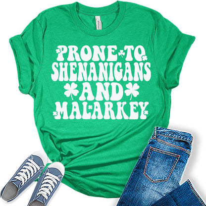 Prone to Shenanigans and Malarkey T Shirt St Patricks Day Shirt Womens Retro Graphic Tees