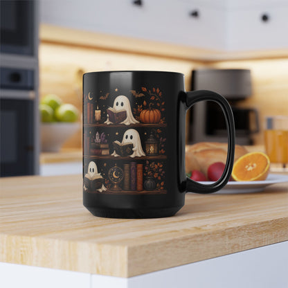 Funny Ghost Reading Books Halloween Mug 15oz - Spooky Bookshelf Coffee Cup