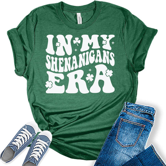 in My Shenanigans Era T Shirt St Patricks Day Shirt Womens Groovy Retro Graphic Tees