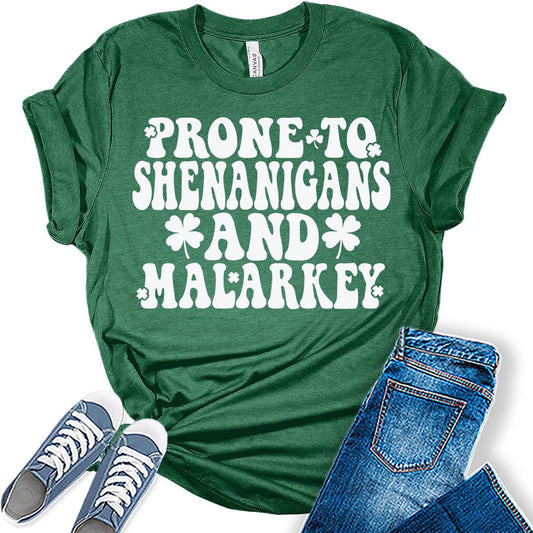 Prone to Shenanigans and Malarkey T Shirt St Patricks Day Shirt Womens Retro Graphic Tees