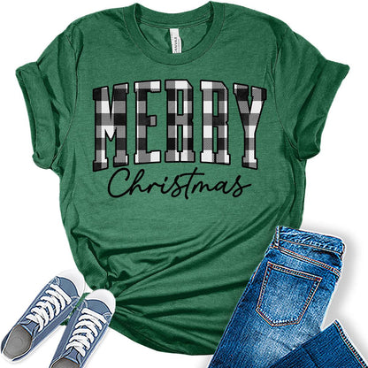 Merry Christmas Shirts for Women Letter Print Tshirts Buffalo Plaid Graphic Tees