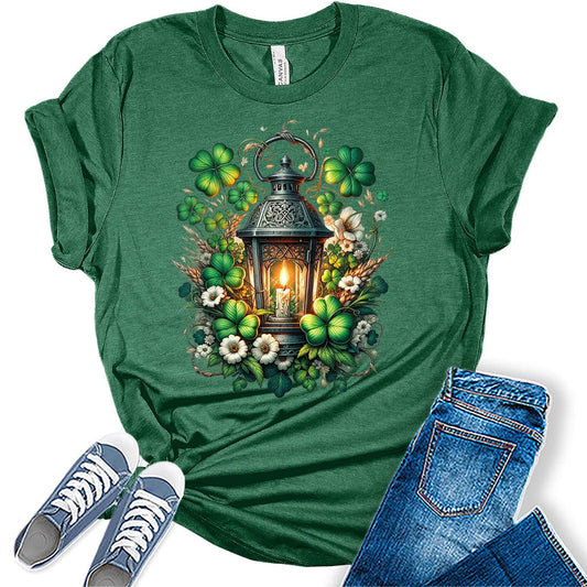 Shamrock Lantern T Shirt St Patricks Day Shirt Womens Clover Graphic Tees