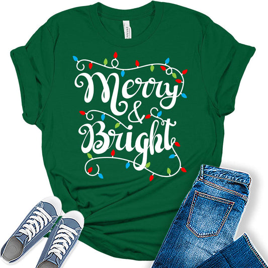 Christmas Shirts Womens Merry and Bright Shirt Holiday Xmas Tshirt Christmas Lights Tees