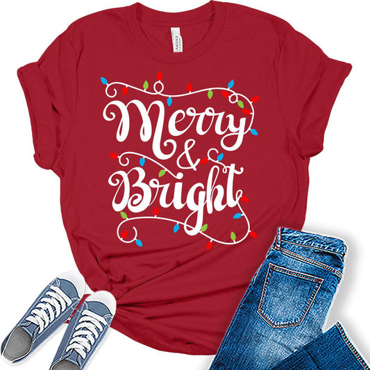 Christmas Shirts Womens Merry and Bright Shirt Holiday Xmas Tshirt Christmas Lights Tees