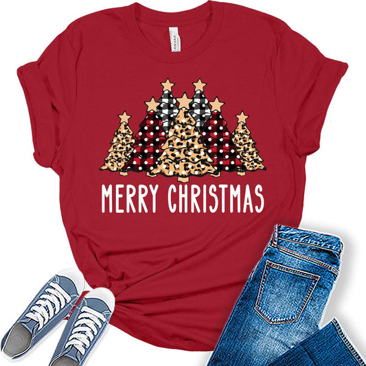 Merry Christmas Shirts Buffalo Plaid Christmas Tree Tops for Women