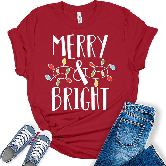 Merry and Bright Christmas Shirts for Women Holiday Xmas Graphic Tees